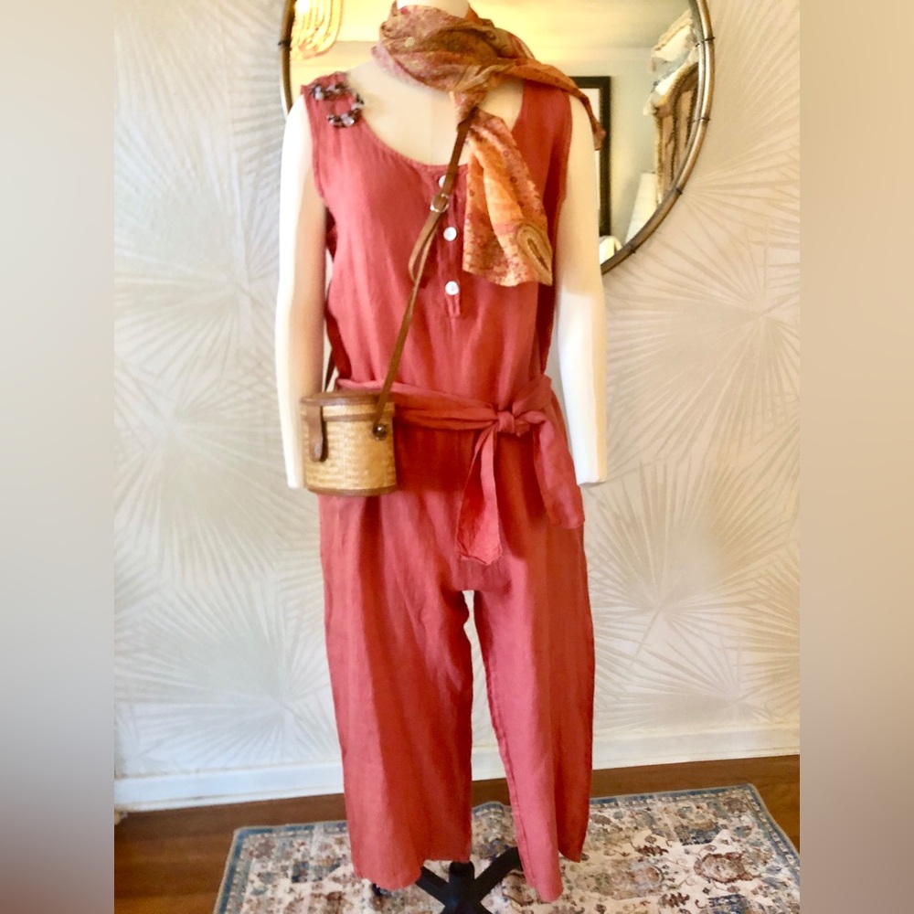 Stella Martini Rust Linen Jumpsuit, Preston & York Scarf, Straw Handbag OUTFIT